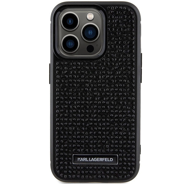 Karl Lagerfeld Rhinestone Logo Metal Plate case for iPhone 15 Pro - black