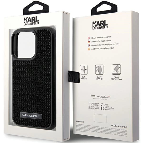 Karl Lagerfeld Rhinestone Logo Metal Plate case for iPhone 15 Pro - black