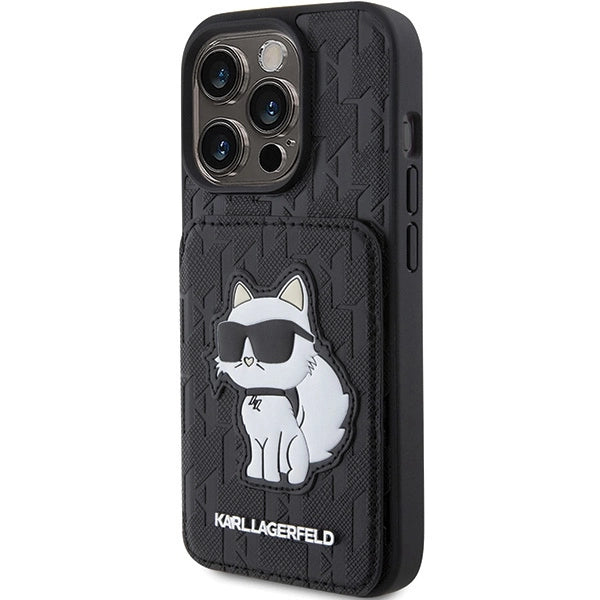 Karl Lagerfeld Saffiano Cardslots and Stand Monogram Choupette Case for iPhone 15 Pro - Black