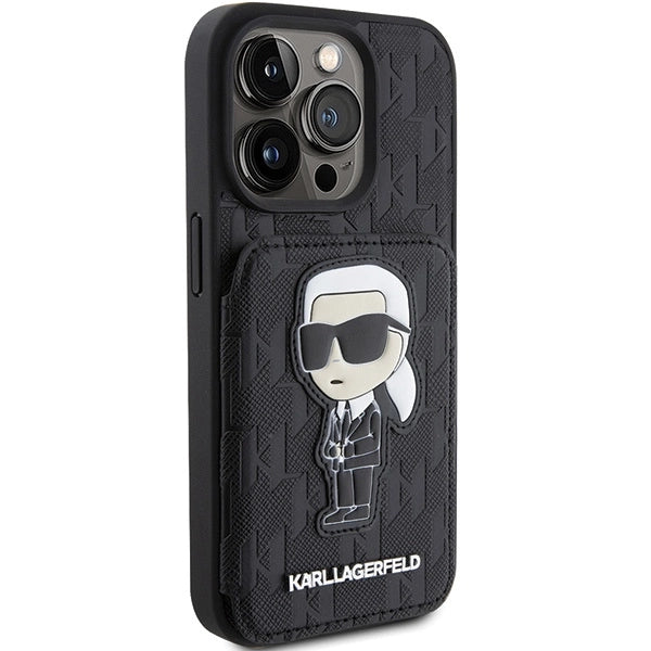 Karl Lagerfeld Saffiano Cardslots and Stand Monogram Ikonik Patch case for iPhone 15 Pro - black