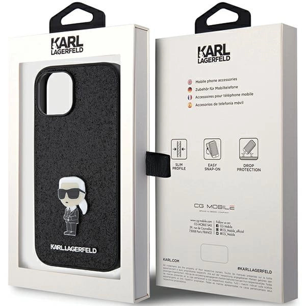 Karl Lagerfeld Fixed Glitter Ikonik Logo Metal Pin case for iPhone 15 - black