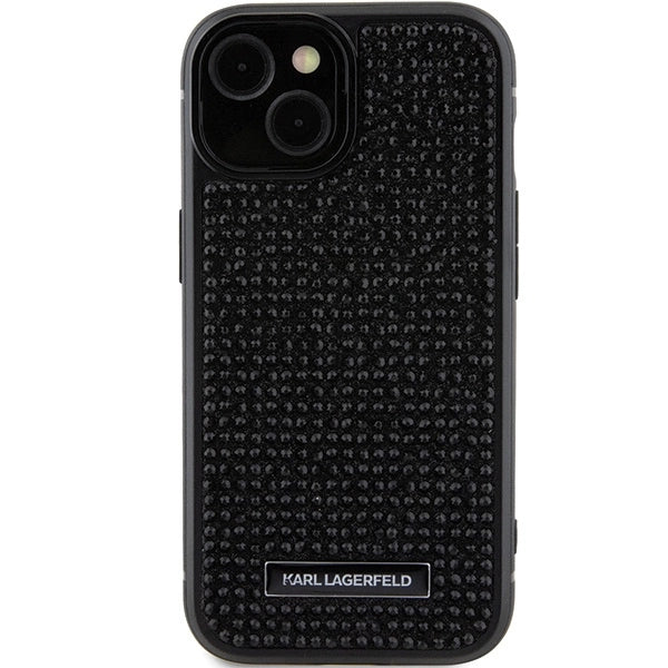 Karl Lagerfeld Rhinestone Logo Metal Plate case for iPhone 15 - black