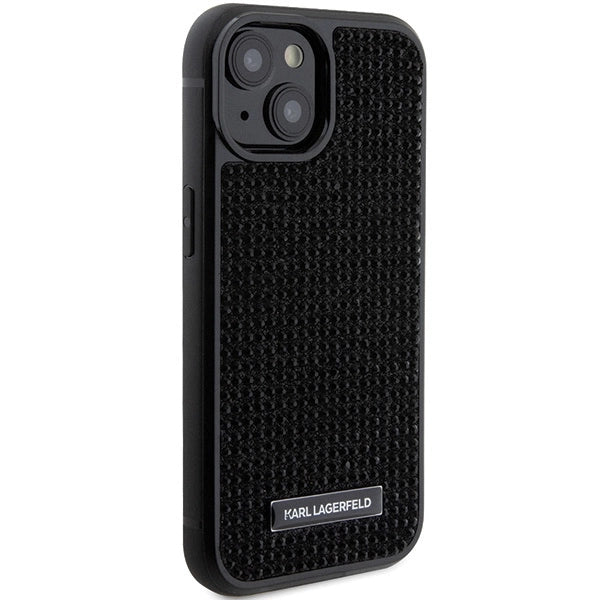 Karl Lagerfeld Rhinestone Logo Metal Plate case for iPhone 15 - black