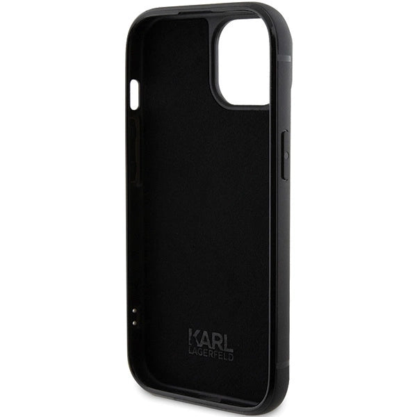Karl Lagerfeld Rhinestone Logo Metal Plate case for iPhone 15 - black