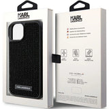 Karl Lagerfeld Rhinestone Logo Metal Plate case for iPhone 15 - black