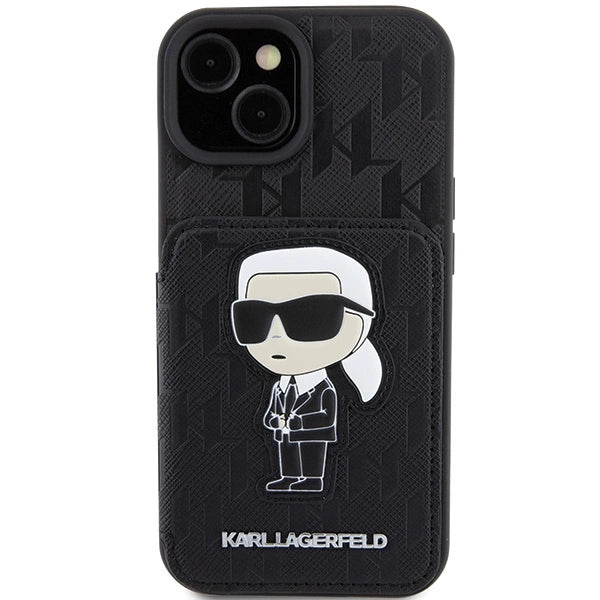 Karl Lagerfeld Saffiano Cardslots and Stand Monogram Ikonik Patch case for iPhone 15 - black