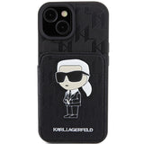 Karl Lagerfeld Saffiano Cardslots and Stand Monogram Ikonik Patch case for iPhone 15 - black