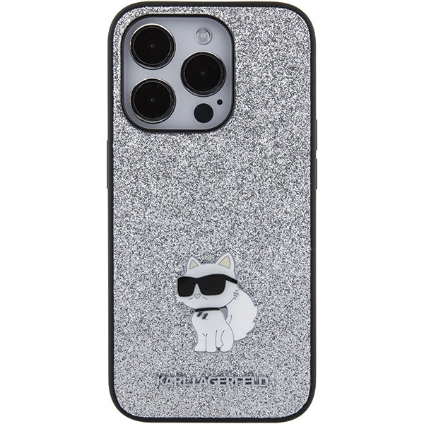Karl Lagerfeld Fixed Glitter Choupette Logo Metal Pin Case for iPhone 15 Pro Max - Silver