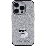 Karl Lagerfeld Fixed Glitter Choupette Logo Metal Pin Case for iPhone 15 Pro Max - Silver