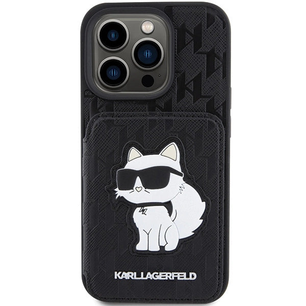 Karl Lagerfeld Saffiano Cardslots and Stand Monogram Choupette Case for iPhone 15 Pro Max - Black