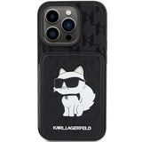 Karl Lagerfeld Saffiano Cardslots and Stand Monogram Choupette Case for iPhone 15 Pro Max - Black
