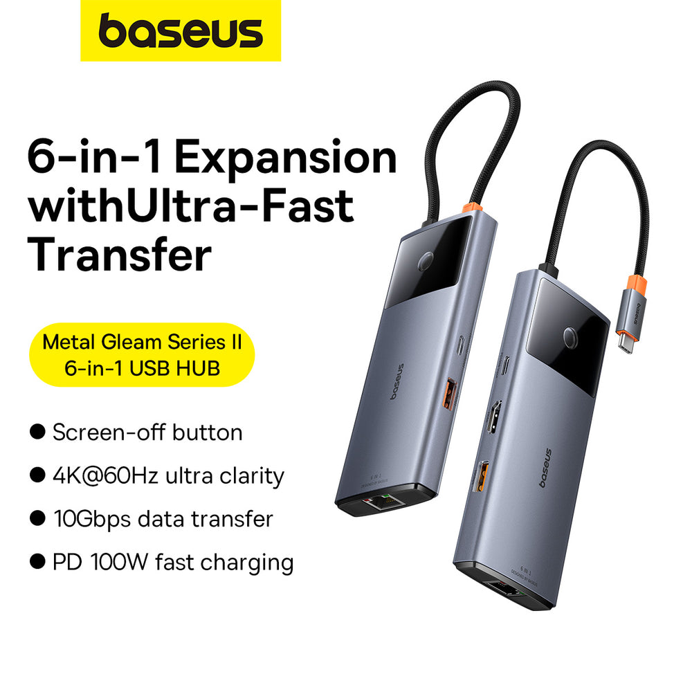 USB HUB 6in1 Baseus Metal Gleam Series II USB-A/USB-C/USB-C PD/HDMI/RJ45 - black