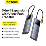 USB HUB 6in1 Baseus Metal Gleam Series II USB-A/USB-C/USB-C PD/HDMI/RJ45 - black