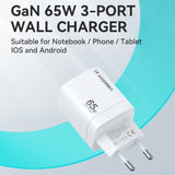 Wozinsky CGWCW 65W USB-A / 2 x USB-C GaN vægoplader - hvid