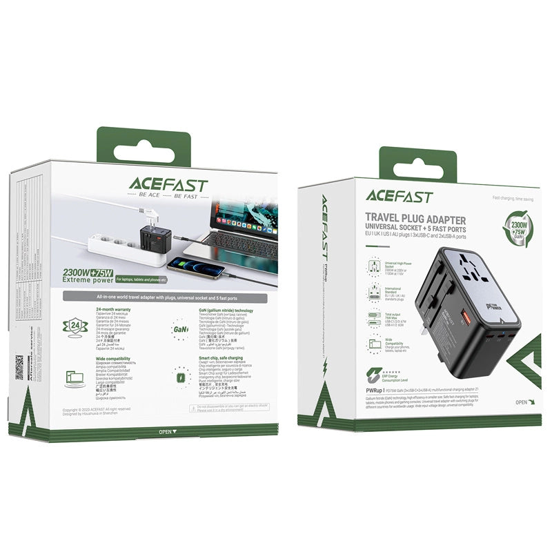 Acefast Z1 GaN 75W PD rejse oplader adapter 3x USB-C 2x USB-A - sort