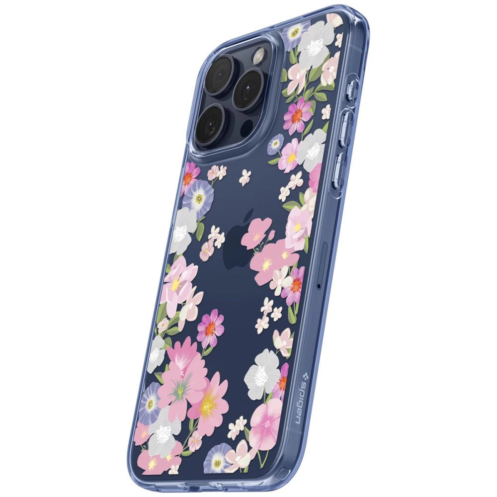 Spigen Liquid Crystal iPhone 15 Pro Case - Pink og blå blomster