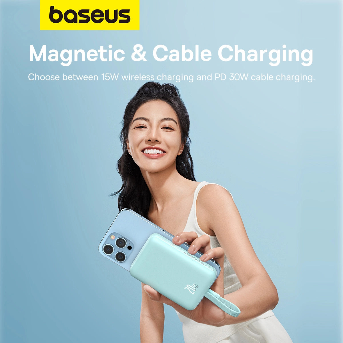Baseus Magnetic Mini MagSafe 10000mAh 20W powerbank med indbygget Lightning kabel - blå + Baseus Simple Series USB-C - USB-C 60W 0,3m kabel