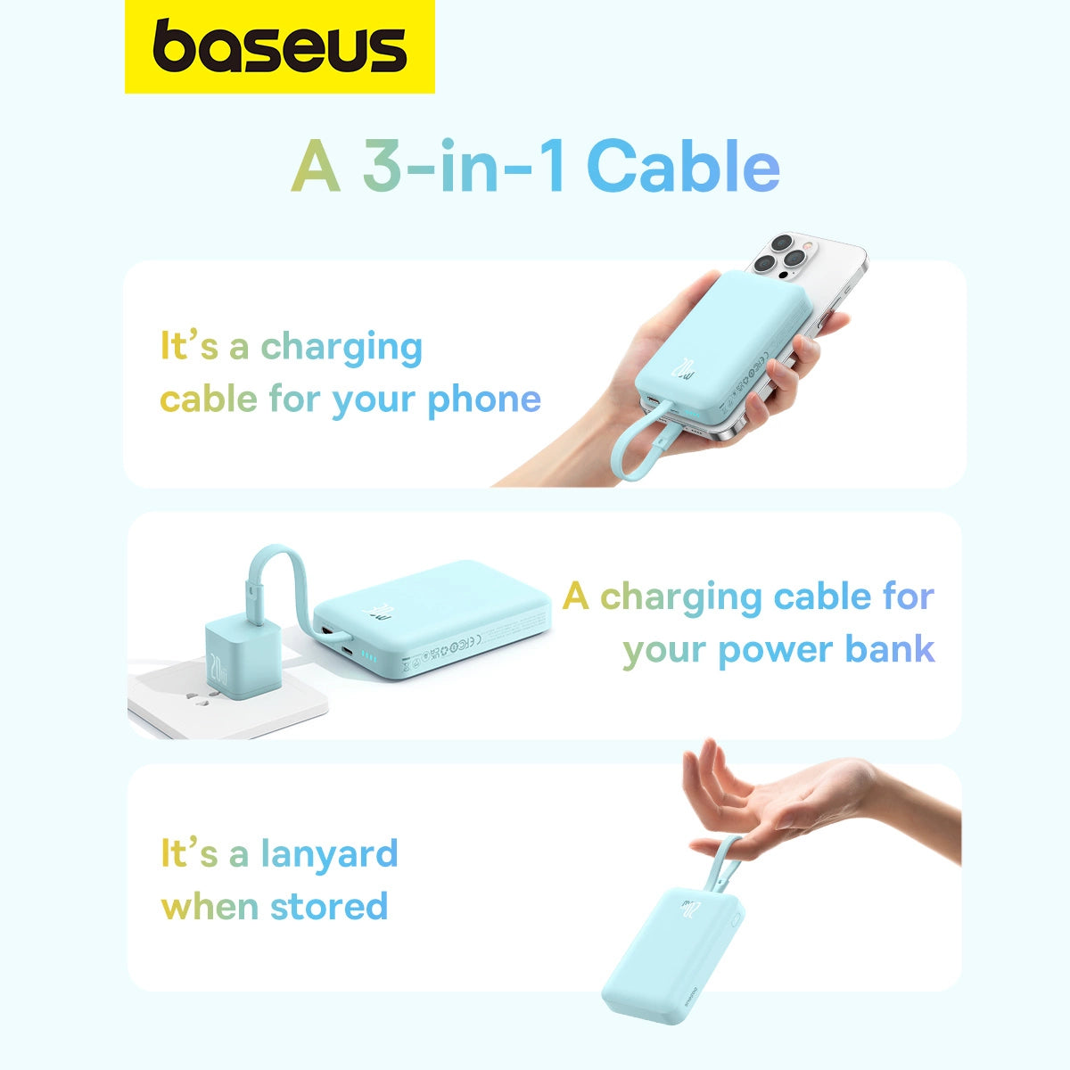 Baseus Magnetic Mini MagSafe 10000mAh 20W powerbank med indbygget Lightning kabel - blå + Baseus Simple Series USB-C - USB-C 60W 0,3m kabel
