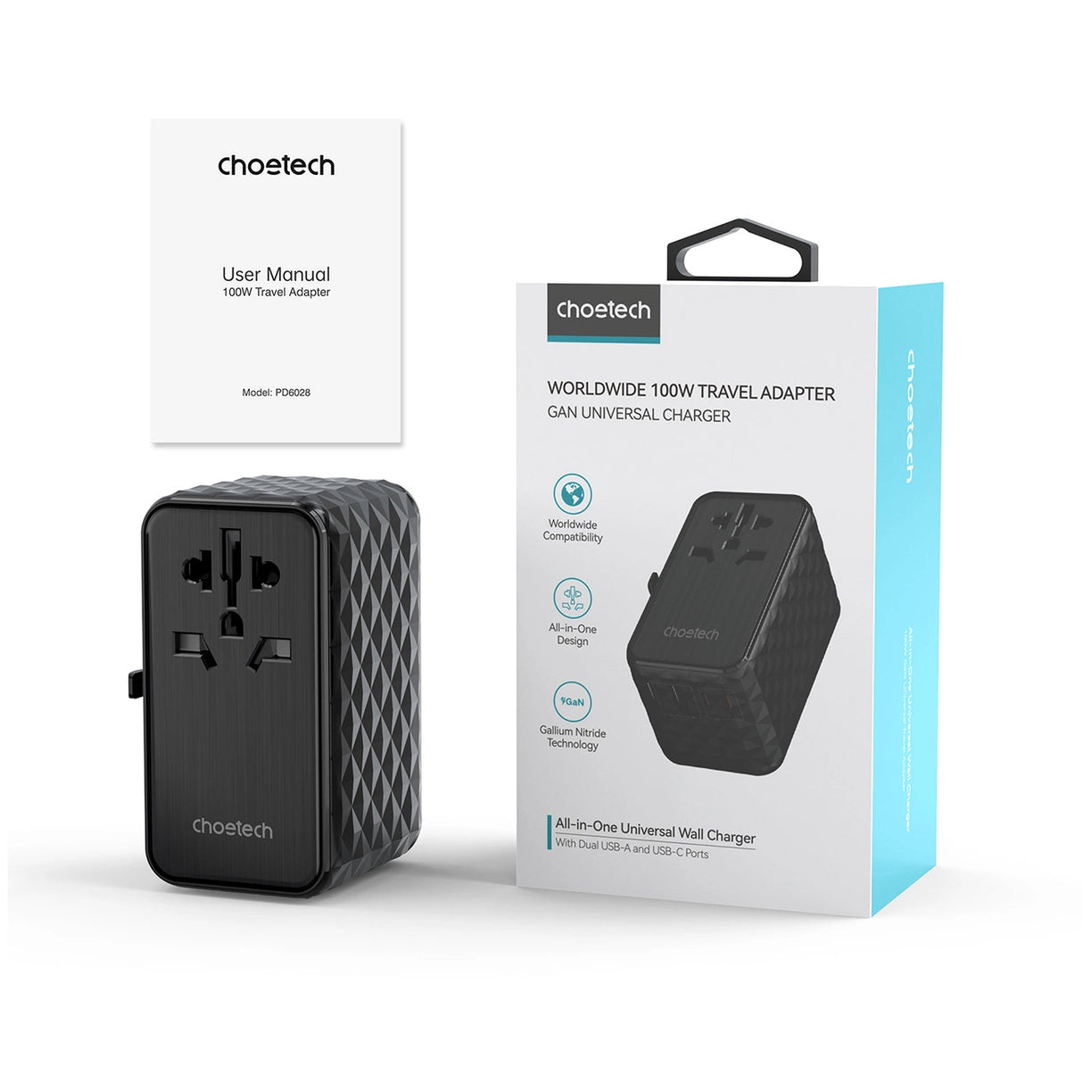 Choetech PD6028 EU / US / AUS / UK rejseadapter 2x USB-C 2x USB-A 100W - sort