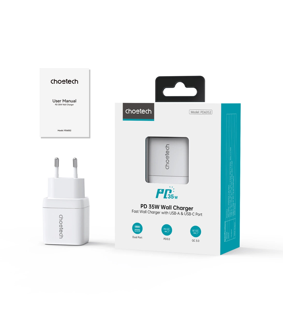 Choetech PD6052 USB-C USB-A PD 35W GaN vægoplader med display - hvid