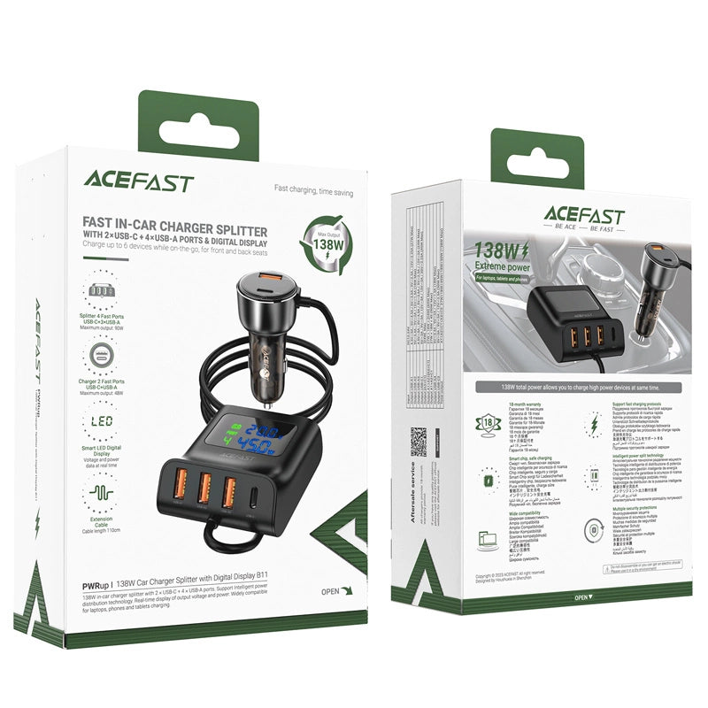 Acefast B11 138W USB-A USB-C biloplader med 6 porte - sort