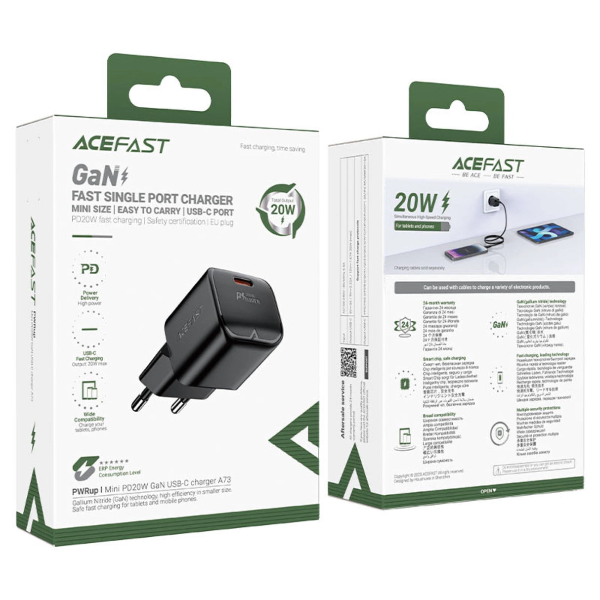 Acefast A73 Mini PD 20W GaN USB-C vægoplader - sort