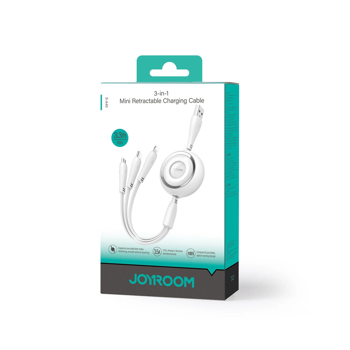 Joyroom Colorful Series S-A40 Kabel tiltrækbar 3in1 USB-A - USB-C / Lightning / Micro USB 1m - hvid