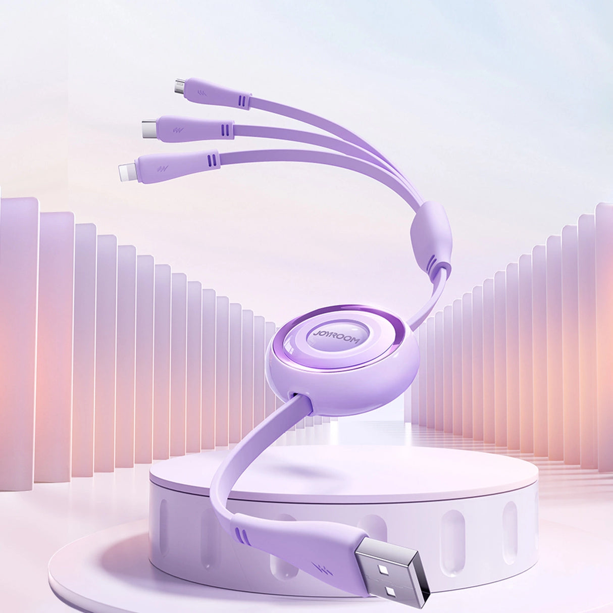 Joyroom Colorful Series S-A40 Kabel Retractable 3in1 USB-A - USB-C / Lightning / Micro USB 1m - Purple