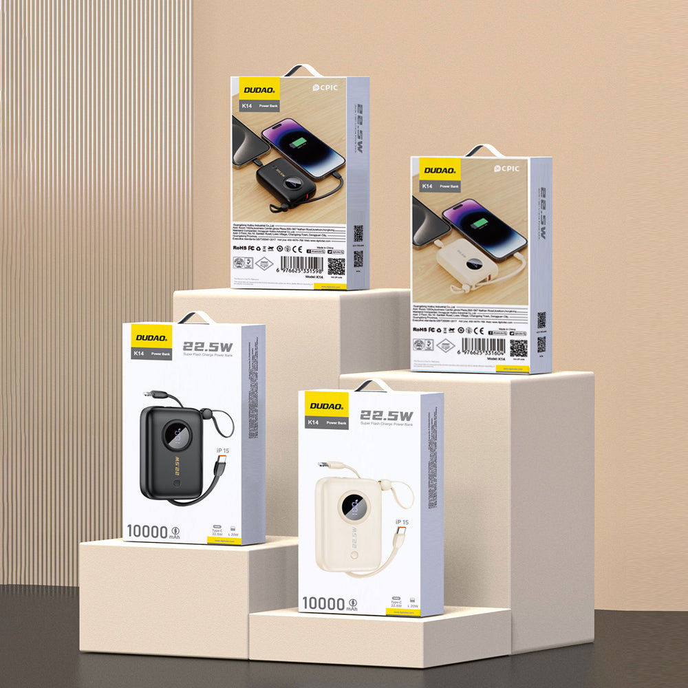 Dudao K14 10000mAh powerbank med USB-C / Lightning kabler - sort