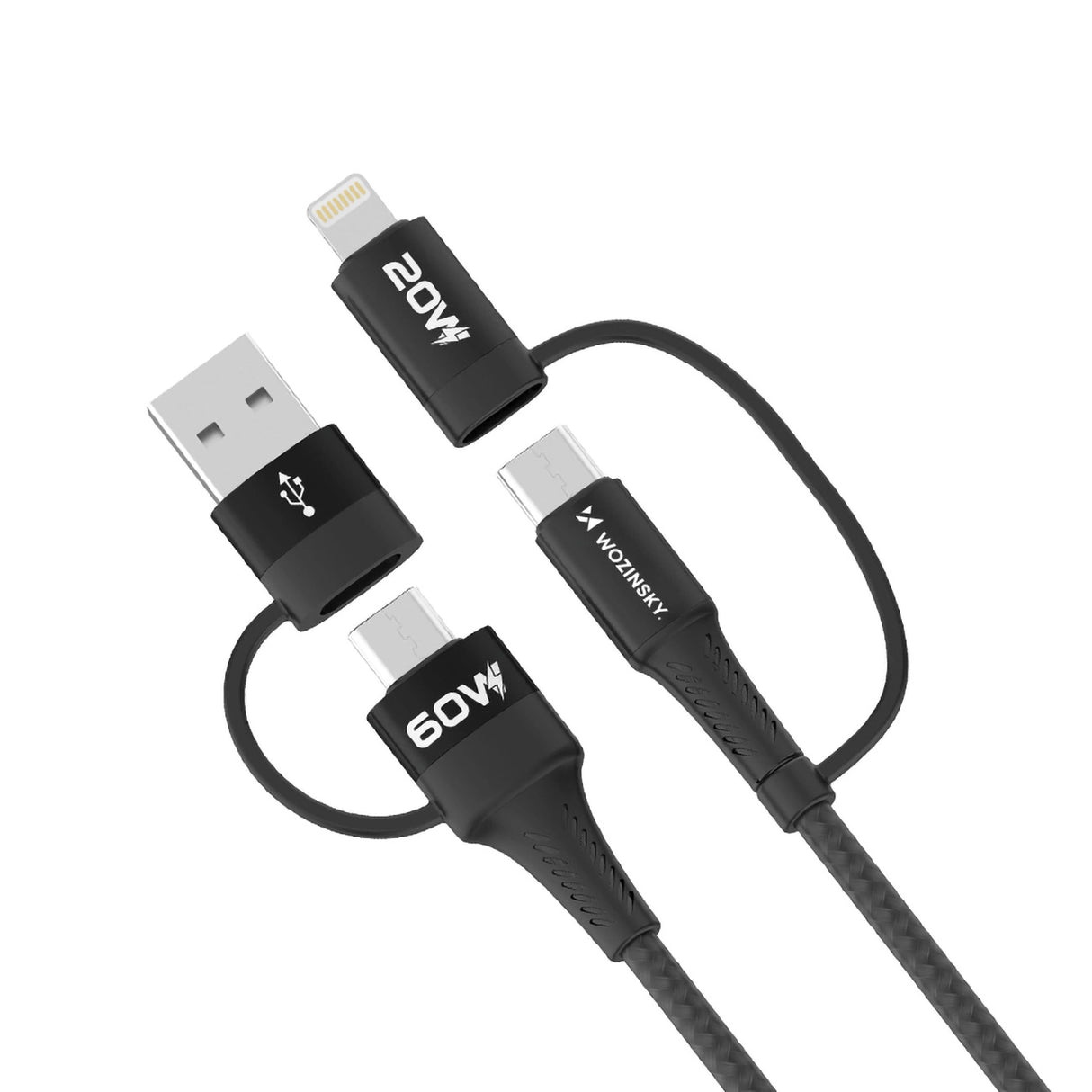 Wozinsky WNBAA 4in1 kabel 2x USB-C 1x USB-A 1x Lightning 60W 1 m - sort