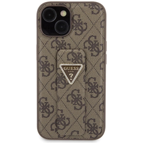 Guess Grip Stand 4G Triangle Strass case for iPhone 15 - brown