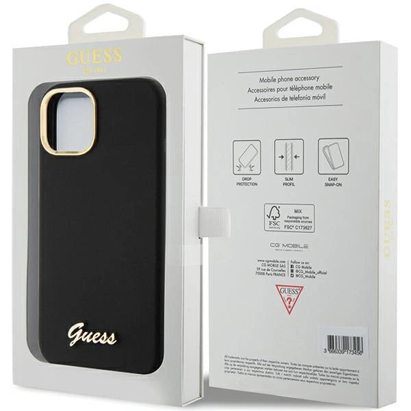 Guess Silicone Script Metal Logo & Frame case for iPhone 15 - black