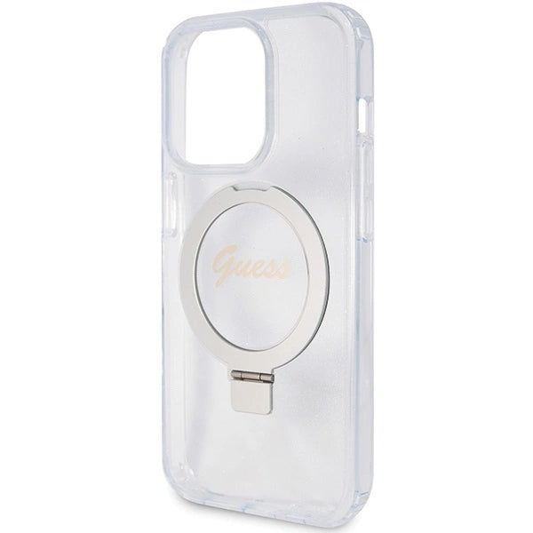 Guess Ring Stand Script Glitter MagSafe case for iPhone 15 Pro - transparent