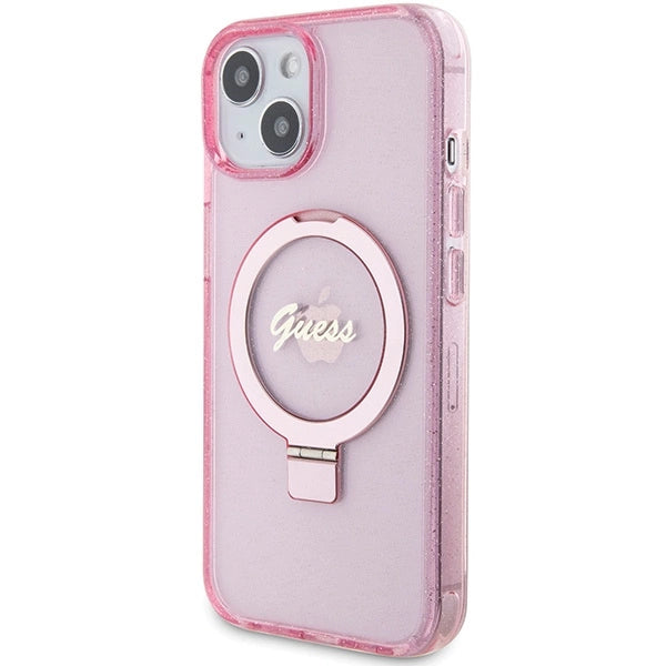 Guess Ring Stand Script Glitter MagSafe-hylster til iPhone 15 Plus / 14 Plus - pink