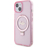 Guess Ring Stand Script Glitter MagSafe-hylster til iPhone 15 Plus / 14 Plus - pink