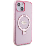 Guess Ring Stand Script Glitter MagSafe-hylster til iPhone 15 Plus / 14 Plus - pink