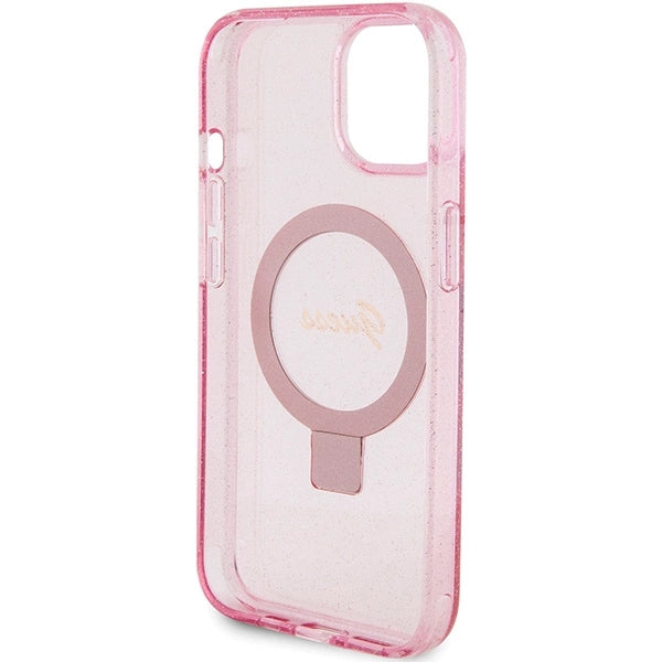 Guess Ring Stand Script Glitter MagSafe-hylster til iPhone 15 Plus / 14 Plus - pink