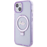 Guess Ring Stand Script Glitter MagSafe case for iPhone 15 Plus / 14 Plus - purple