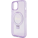 Guess Ring Stand Script Glitter MagSafe case for iPhone 15 Plus / 14 Plus - purple