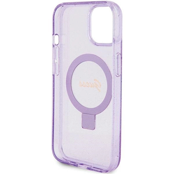 Guess Ring Stand Script Glitter MagSafe case for iPhone 15 Plus / 14 Plus - purple