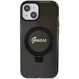 Guess Ring Stand Script Glitter MagSafe-hylster til iPhone 15 - sort