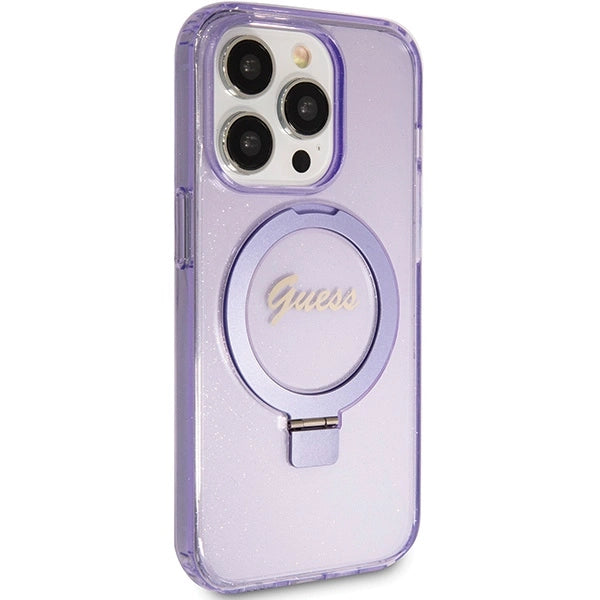Guess Ring Stand Script Glitter MagSafe case for iPhone 15 Pro Max - purple