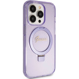 Guess Ring Stand Script Glitter MagSafe case for iPhone 15 Pro Max - purple