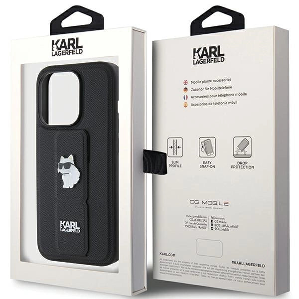 Karl Lagerfeld Gripstand Saffiano Choupette Pins case for iPhone 15 Pro - black