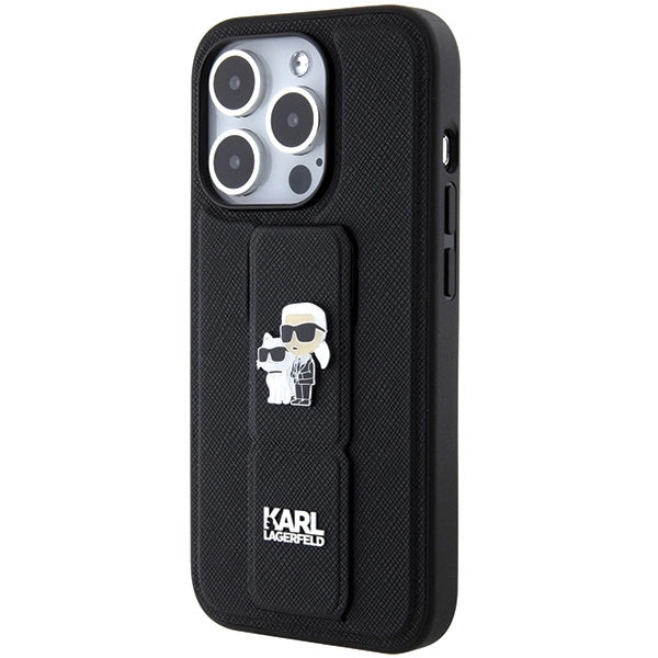 Karl Lagerfeld Gripstand Saffiano Karl&Choupette Pins case for iPhone 15 Pro - black