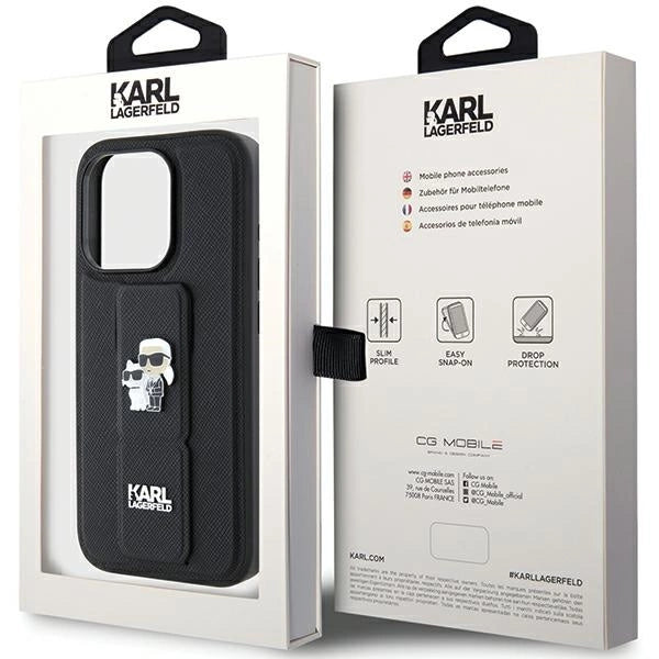 Karl Lagerfeld Gripstand Saffiano Karl&Choupette Pins case for iPhone 15 Pro - black