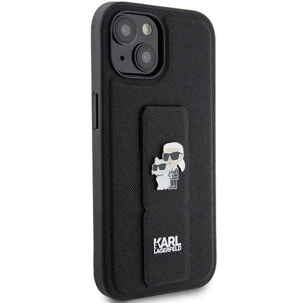 Karl Lagerfeld Gripstand Saffiano Karl&Choupette Pins case for iPhone 15 Plus / 14 Plus - black