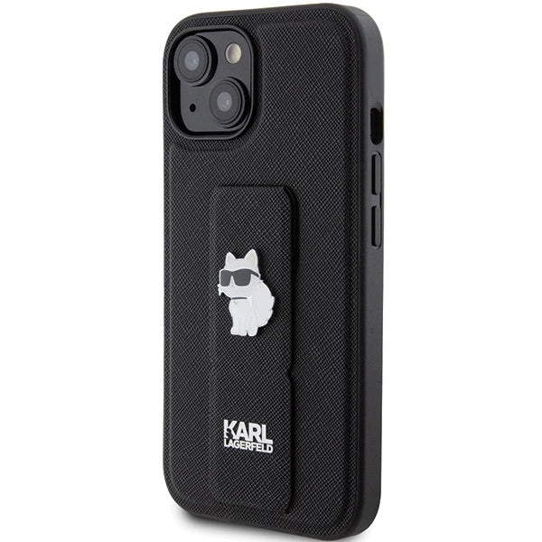 Karl Lagerfeld Gripstand Saffiano Choupette Pins case for iPhone 15 - black