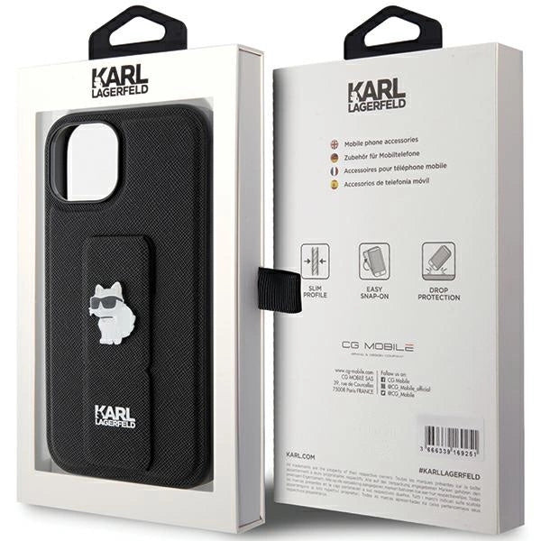Karl Lagerfeld Gripstand Saffiano Choupette Pins case for iPhone 15 - black