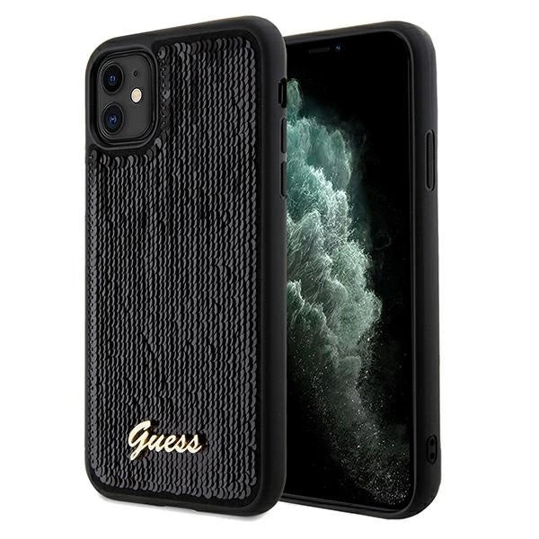 Guess Sequin Script Metallæske til iPhone 11 / Xr - sort